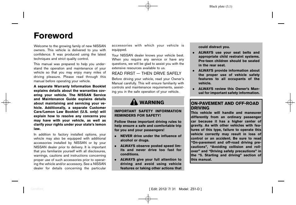 Foreword, Warning | NISSAN 2013 Murano - Owner's Manual User Manual | Page 2 / 507