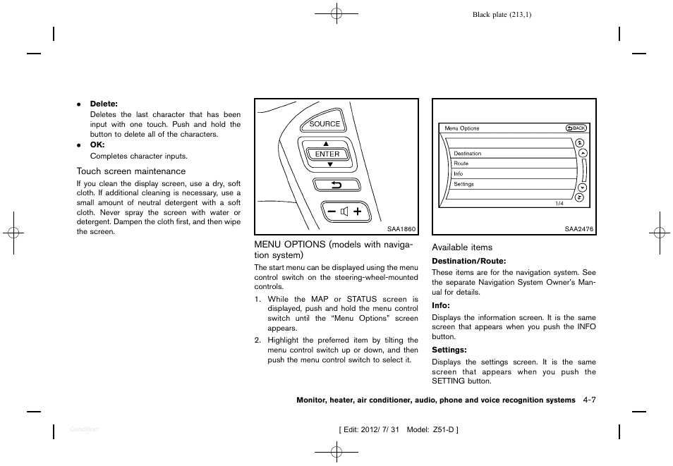 Menu options (models with navigation system) -7 | NISSAN 2013 Murano - Owner's Manual User Manual | Page 215 / 507