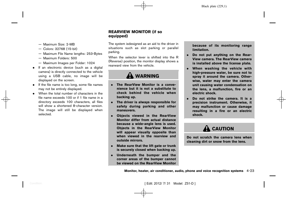 Rearview monitor (if so equipped) -23, Warning, Caution | NISSAN 2013 Murano - Owner's Manual User Manual | Page 231 / 507