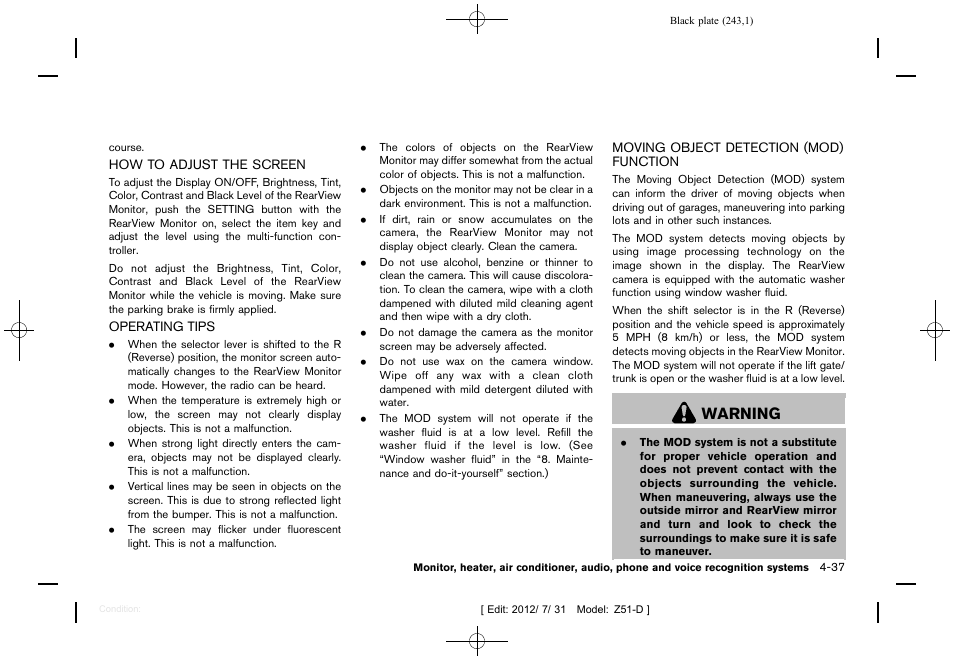 Warning | NISSAN 2013 Murano - Owner's Manual User Manual | Page 245 / 507