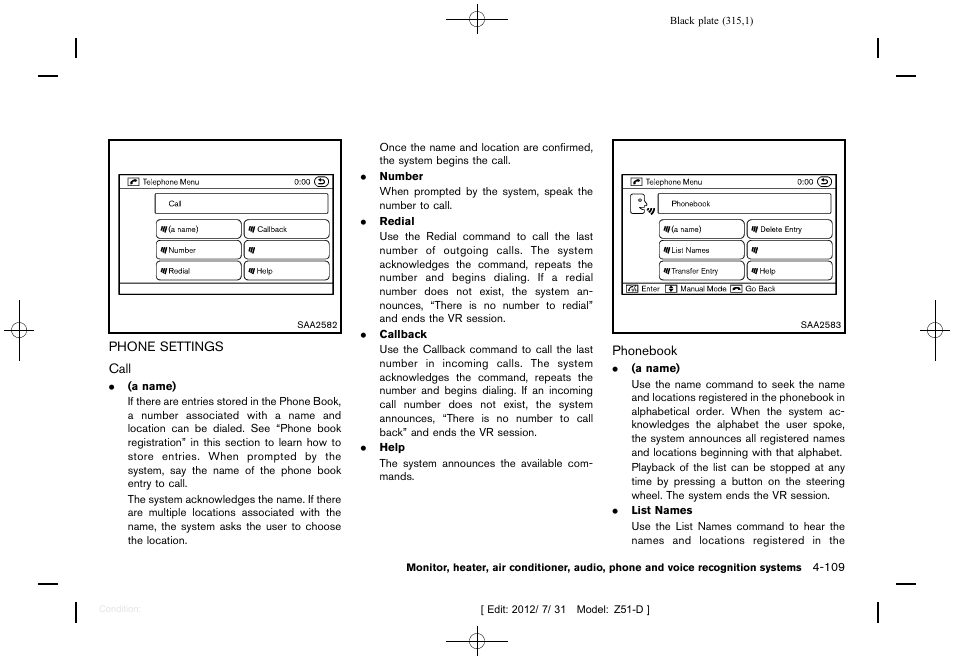 Phone settings -109 | NISSAN 2013 Murano - Owner's Manual User Manual | Page 317 / 507
