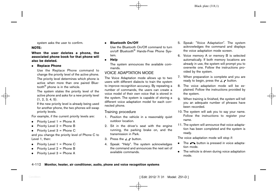Voice adaptation mode -112 | NISSAN 2013 Murano - Owner's Manual User Manual | Page 320 / 507