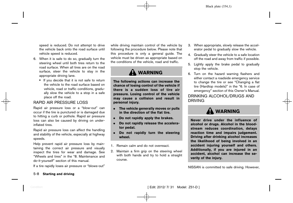 Warning | NISSAN 2013 Murano - Owner's Manual User Manual | Page 356 / 507