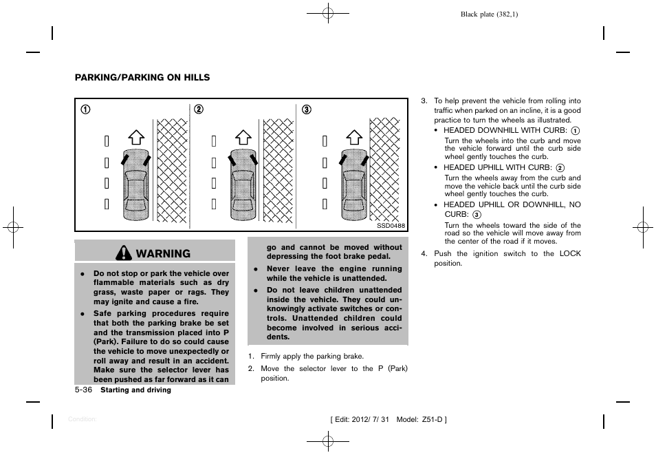 Parking/parking on hills -36, Warning | NISSAN 2013 Murano - Owner's Manual User Manual | Page 384 / 507