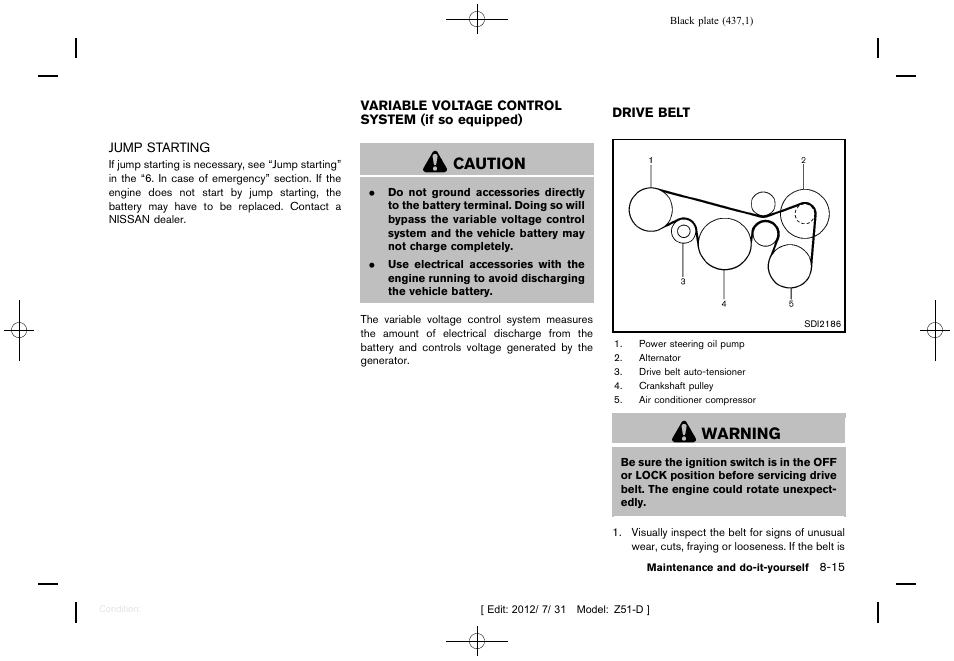Jump starting -15, Caution, Warning | NISSAN 2013 Murano - Owner's Manual User Manual | Page 439 / 507