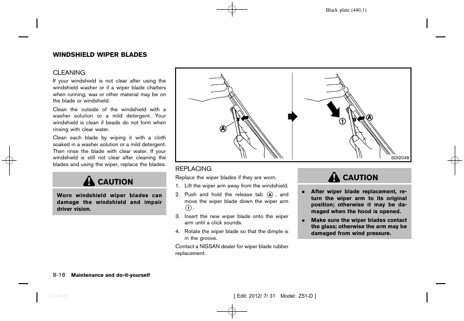 Windshield wiper blades -18, Cleaning -18 replacing -18, Caution | NISSAN 2013 Murano - Owner's Manual User Manual | Page 442 / 507