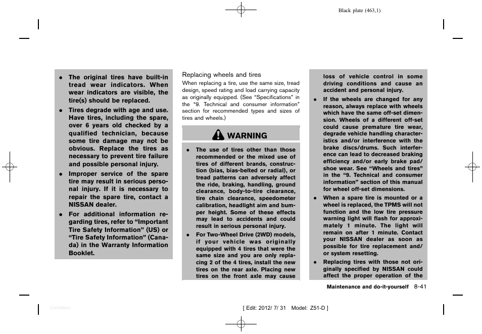 Warning | NISSAN 2013 Murano - Owner's Manual User Manual | Page 465 / 507