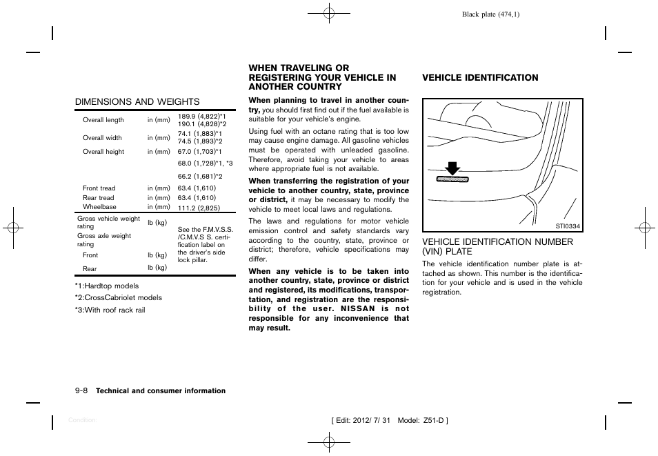 Dimensions and weights -8, Vehicle identification number (vin) plate -8 | NISSAN 2013 Murano - Owner's Manual User Manual | Page 476 / 507