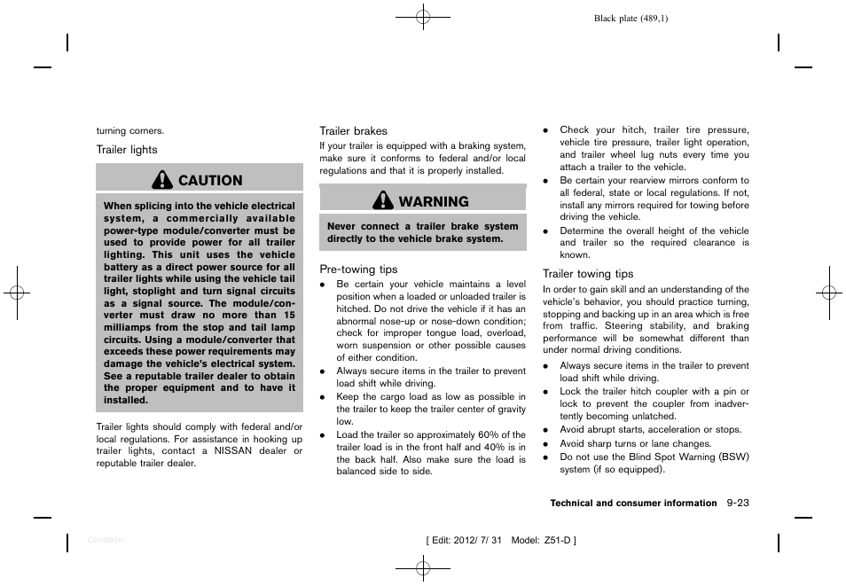 Caution, Warning | NISSAN 2013 Murano - Owner's Manual User Manual | Page 491 / 507