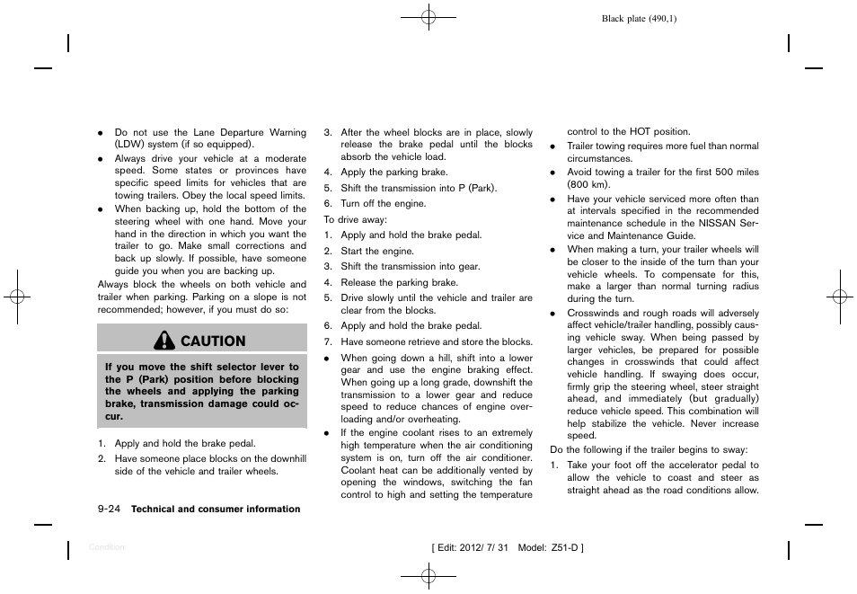 Caution | NISSAN 2013 Murano - Owner's Manual User Manual | Page 492 / 507