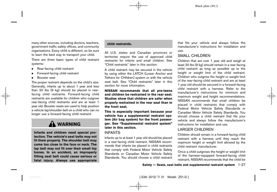 Infants -27 small children -27 larger children -27, Warning | NISSAN 2013 Murano - Owner's Manual User Manual | Page 51 / 507
