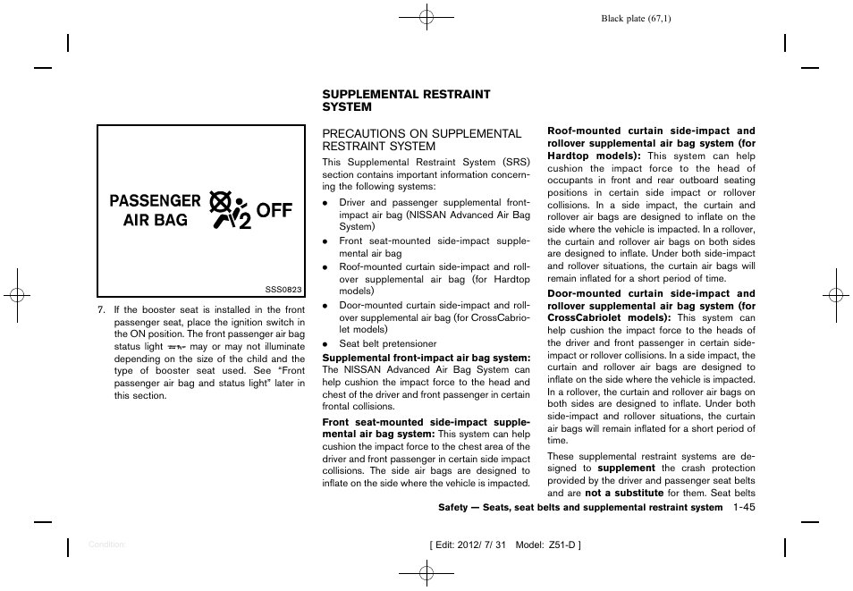 Supplemental restraint system -45, Precautions on supplemental restraint system -45 | NISSAN 2013 Murano - Owner's Manual User Manual | Page 69 / 507