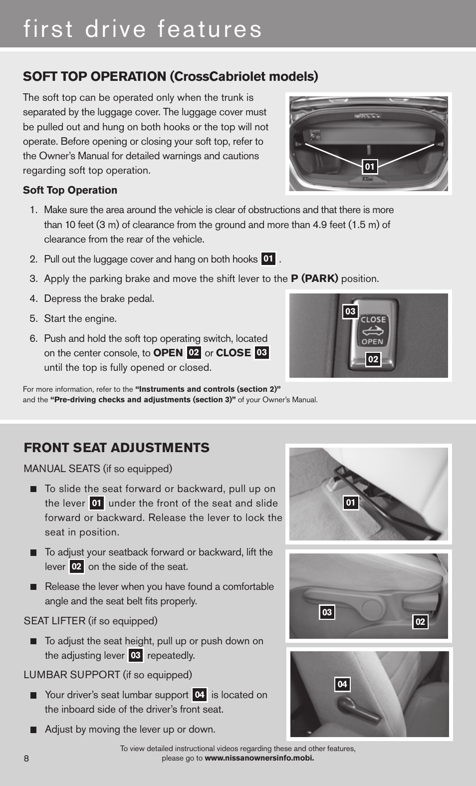 Front seat adjustments, Soft top operation (crosscabriolet models) | NISSAN 2013 Murano - Quick Reference Guide User Manual | Page 10 / 28