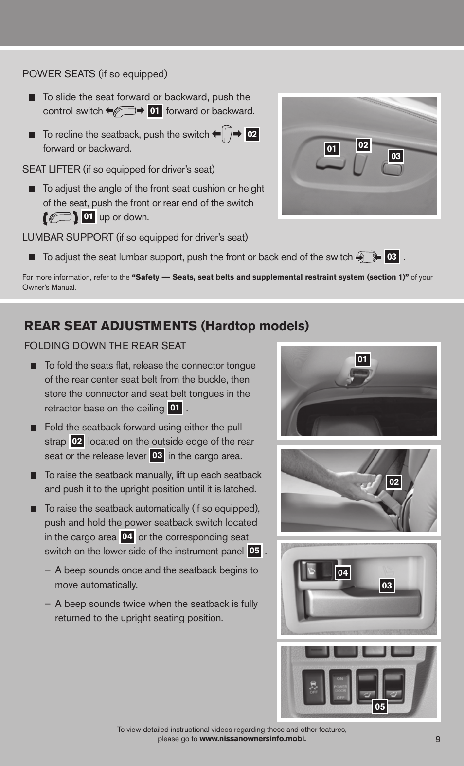Rear seat adjustments (hardtop models) | NISSAN 2013 Murano - Quick Reference Guide User Manual | Page 11 / 28