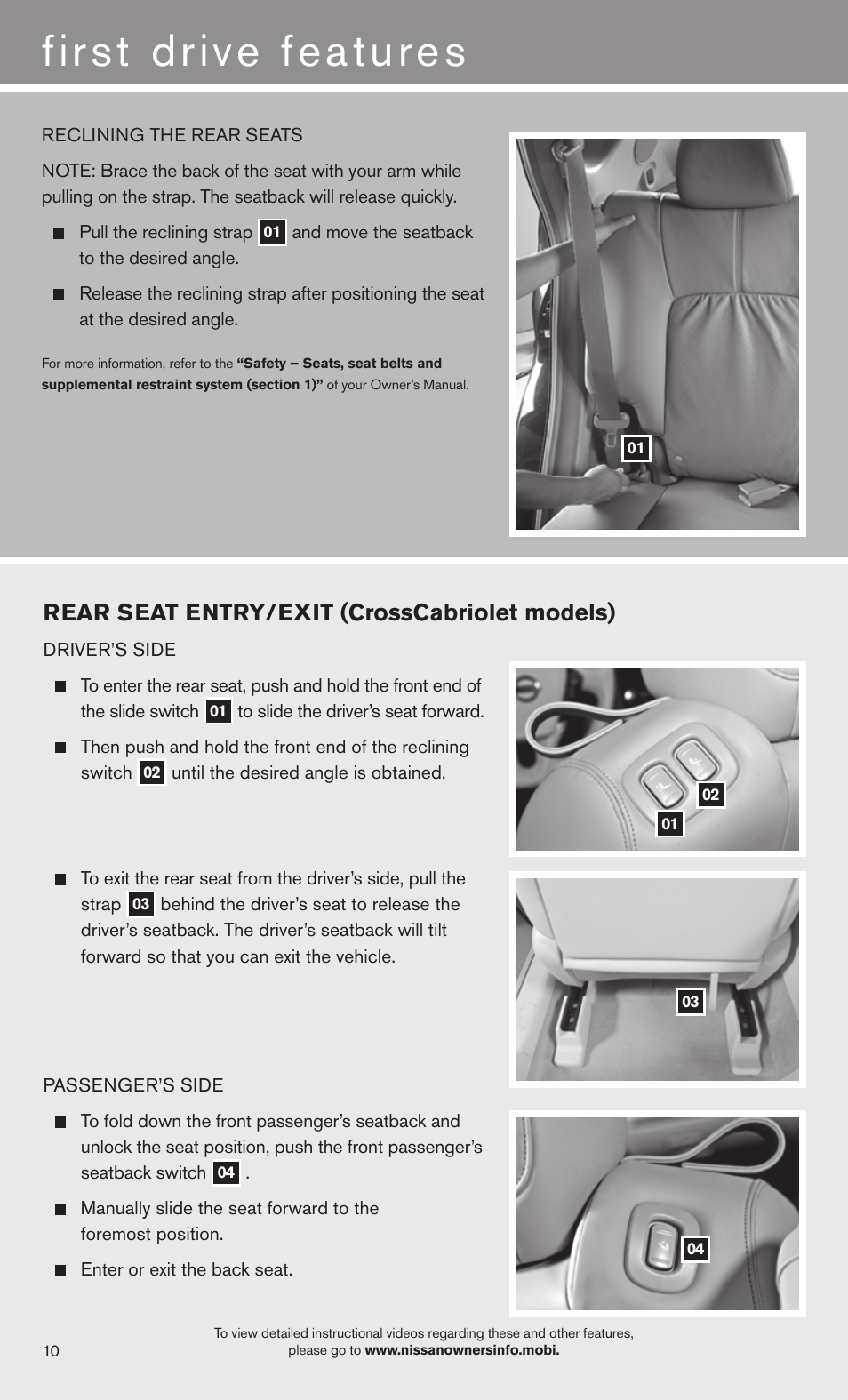 Rear seat entry/exit (crosscabriolet models) | NISSAN 2013 Murano - Quick Reference Guide User Manual | Page 12 / 28