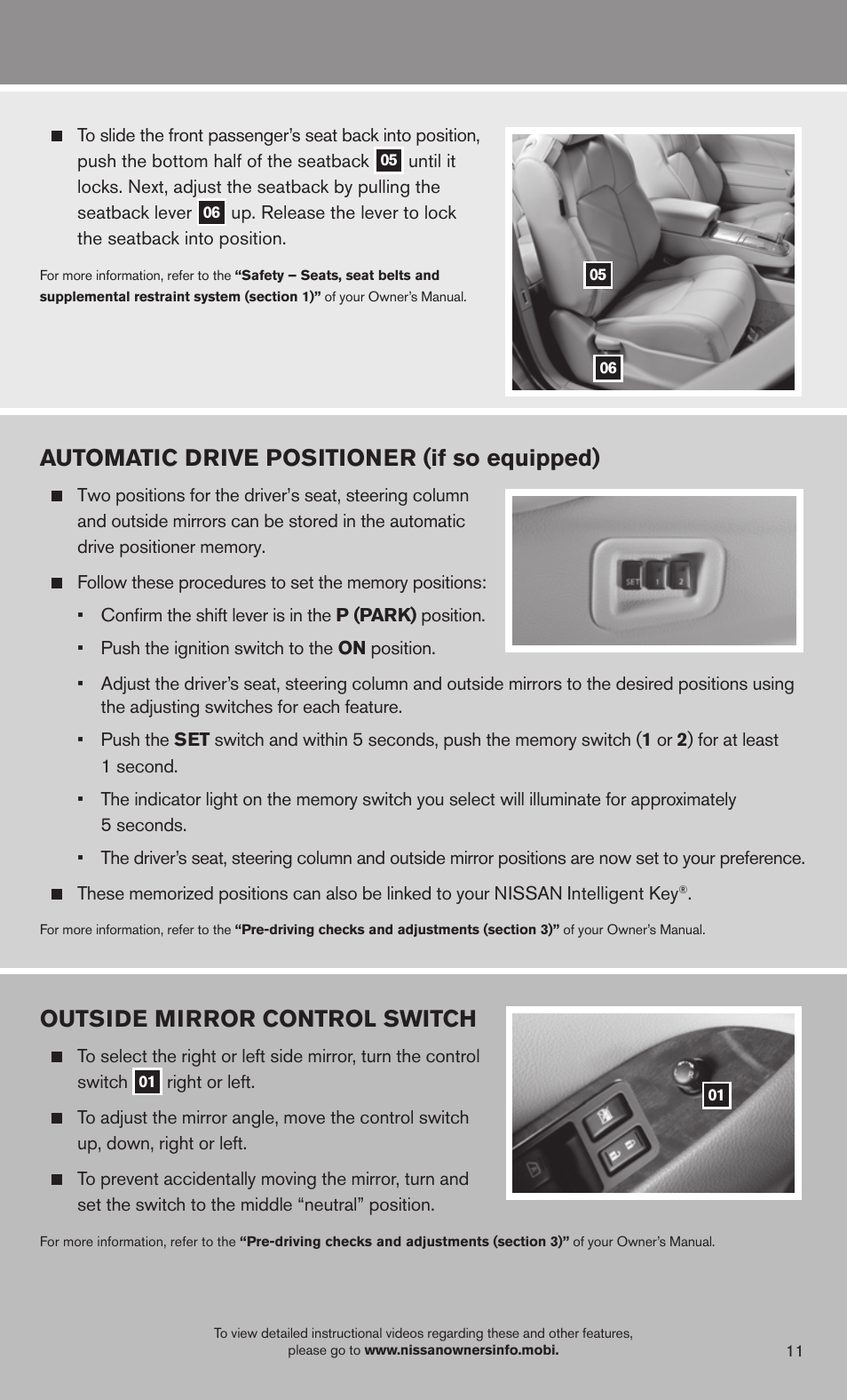 Outside mirror control switch, Automatic drive positioner (if so equipped) | NISSAN 2013 Murano - Quick Reference Guide User Manual | Page 13 / 28