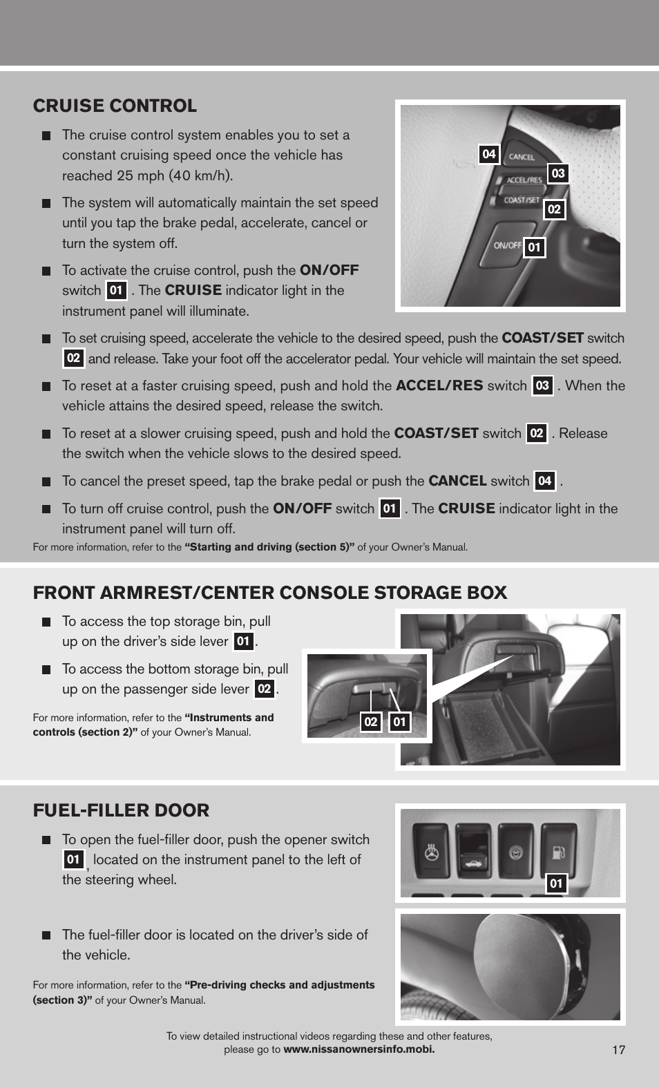 Fuel-filler door, Front armrest/center console storage box, Cruise control | NISSAN 2013 Murano - Quick Reference Guide User Manual | Page 19 / 28