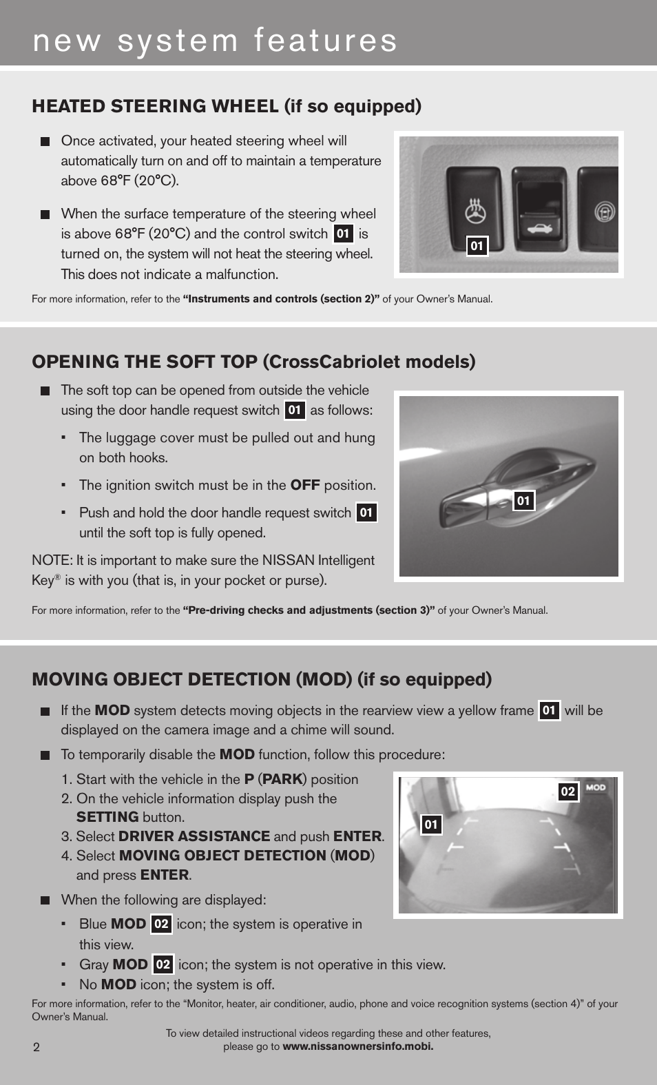 Heated steering wheel (if so equipped), Opening the soft top (crosscabriolet models), Moving object detection (mod) (if so equipped) | NISSAN 2013 Murano - Quick Reference Guide User Manual | Page 4 / 28