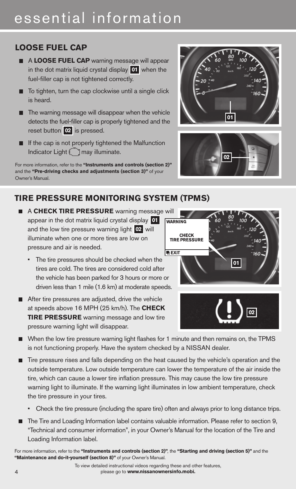 Tire pressure monitoring system (tpms), Loose fuel cap | NISSAN 2013 Murano - Quick Reference Guide User Manual | Page 6 / 28