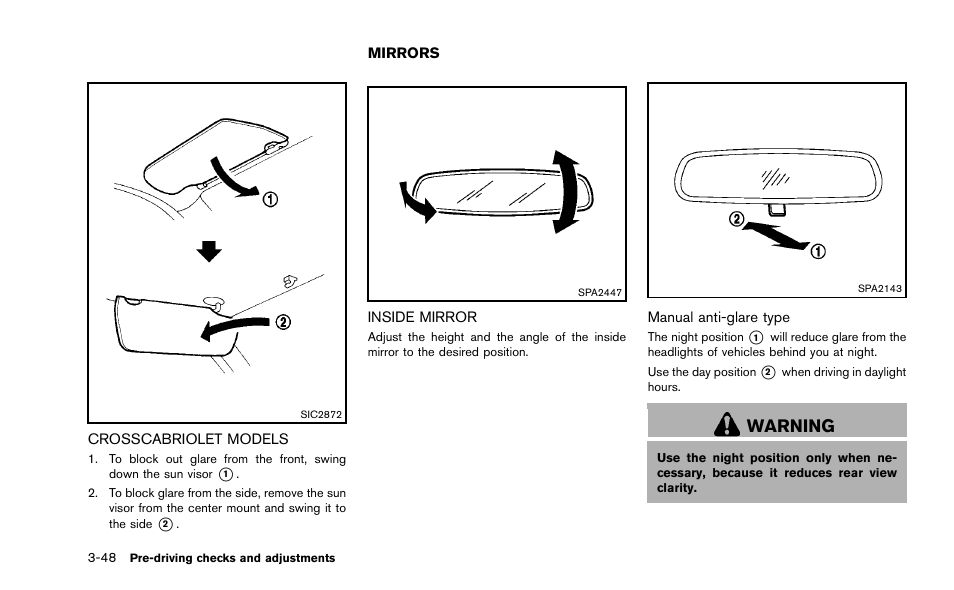 Crosscabriolet models -48, Mirrors -48, Inside mirror -48 | Warning | NISSAN 2014 Murano - Owner's Manual User Manual | Page 205 / 508