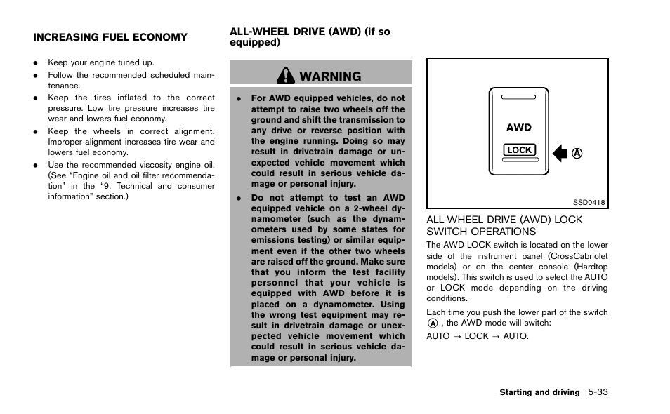 All-wheel drive (awd) lock switch operations -33, Warning | NISSAN 2014 Murano - Owner's Manual User Manual | Page 382 / 508