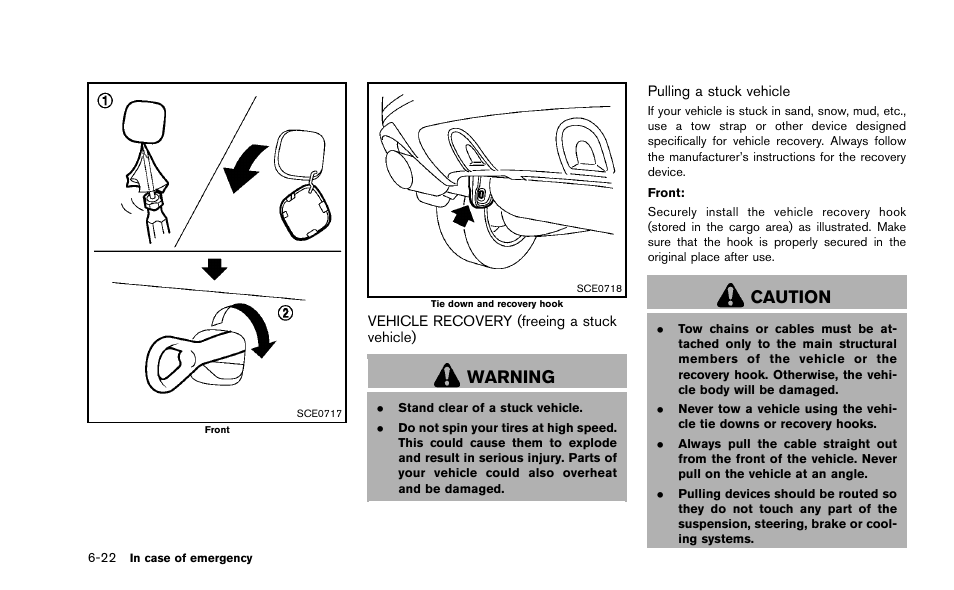 Vehicle recovery (freeing a stuck vehicle) -22, Warning, Caution | NISSAN 2014 Murano - Owner's Manual User Manual | Page 415 / 508