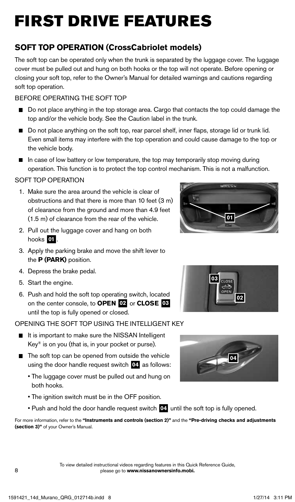 First drive features, Soft top operation (crosscabriolet models) | NISSAN 2014 Murano - Quick Reference Guide User Manual | Page 10 / 28