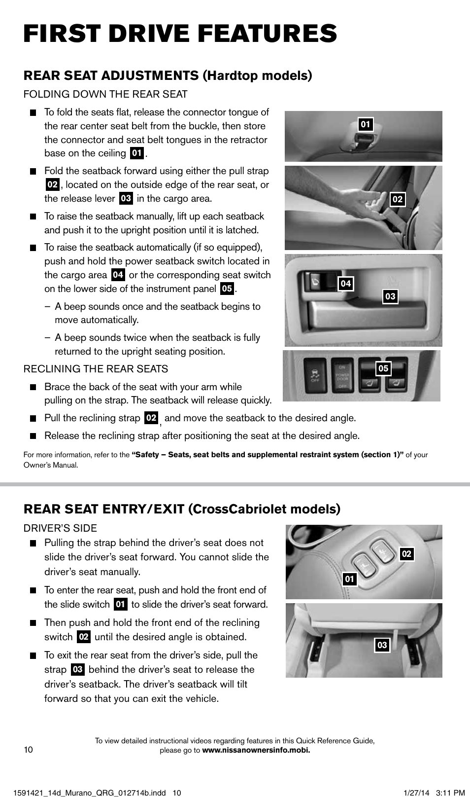 First drive features, Rear seat adjustments (hardtop models), Rear seat entry/exit (crosscabriolet models) | NISSAN 2014 Murano - Quick Reference Guide User Manual | Page 12 / 28