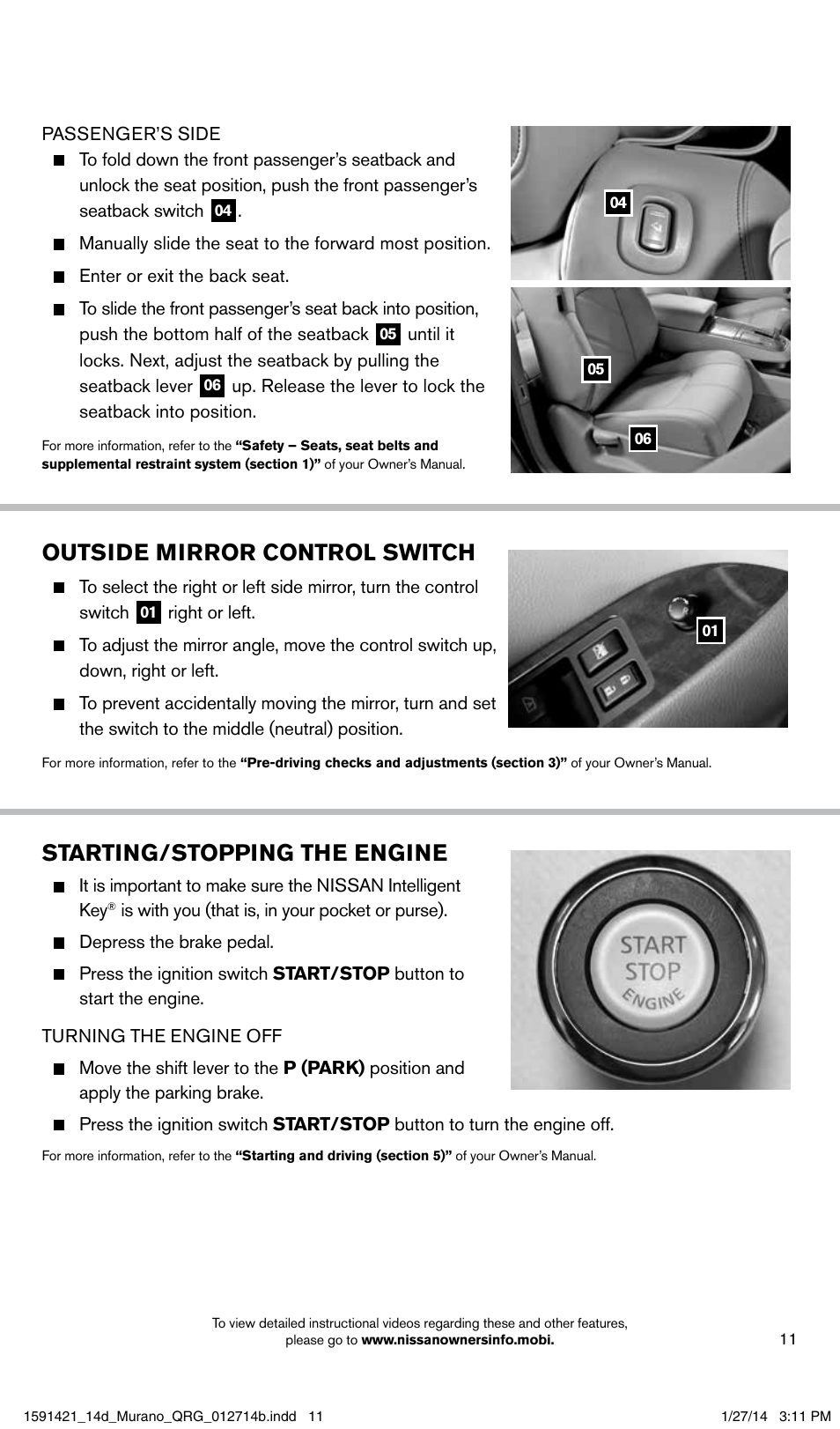 Outside mirror control switch, Starting/stopping the engine | NISSAN 2014 Murano - Quick Reference Guide User Manual | Page 13 / 28