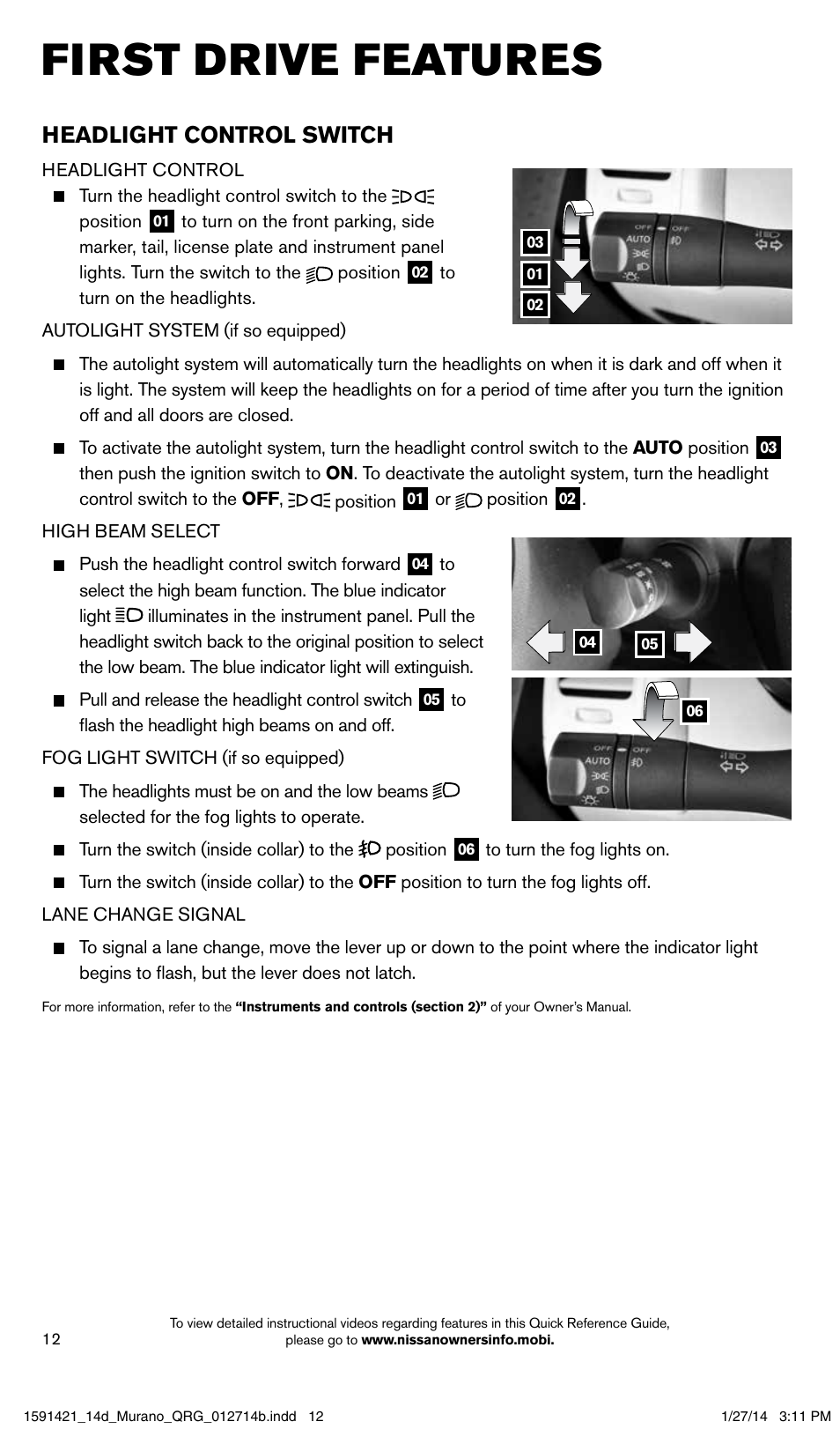First drive features, Headlight control switch | NISSAN 2014 Murano - Quick Reference Guide User Manual | Page 14 / 28