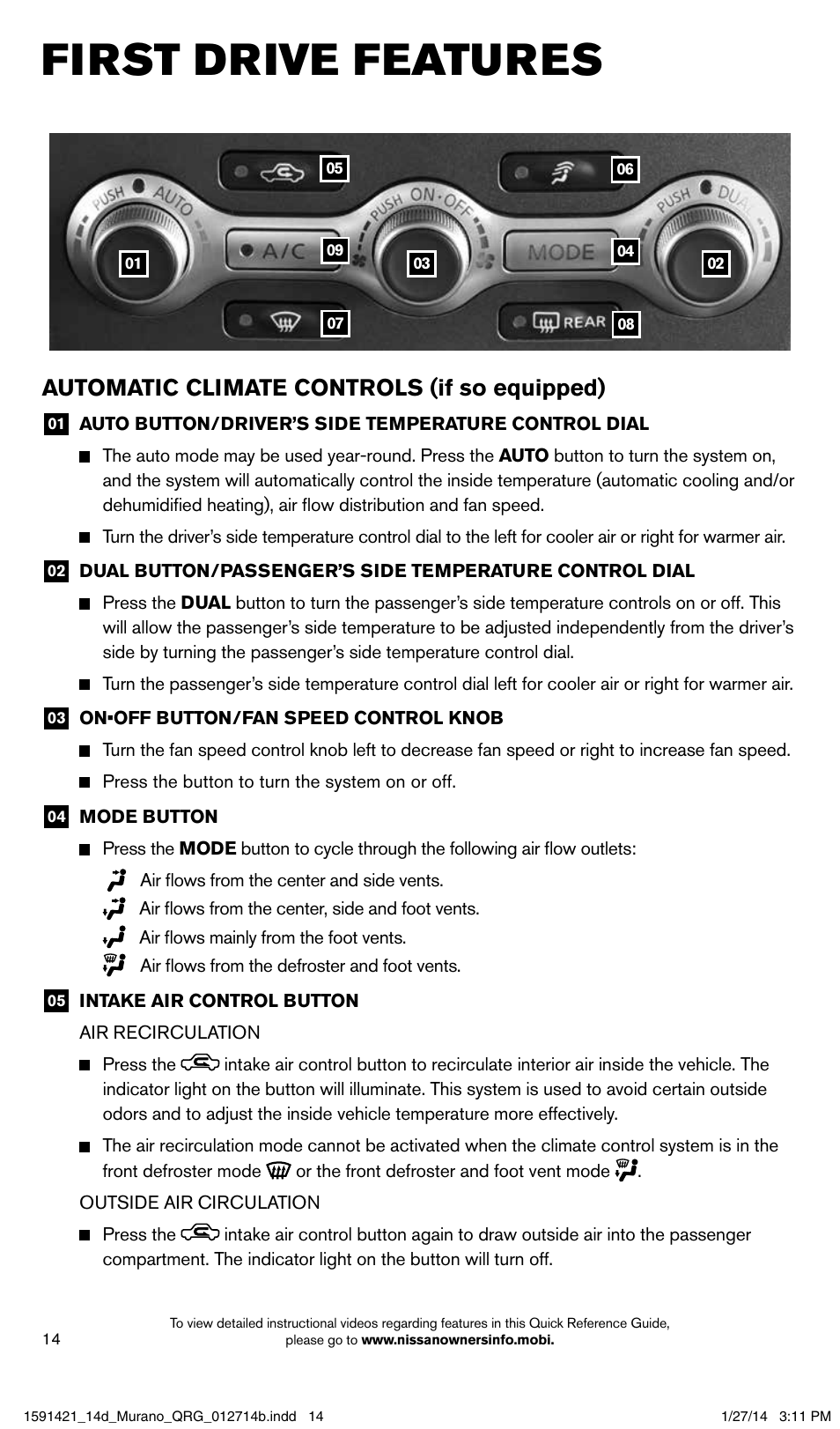 First drive features, Automatic climate controls (if so equipped) | NISSAN 2014 Murano - Quick Reference Guide User Manual | Page 16 / 28
