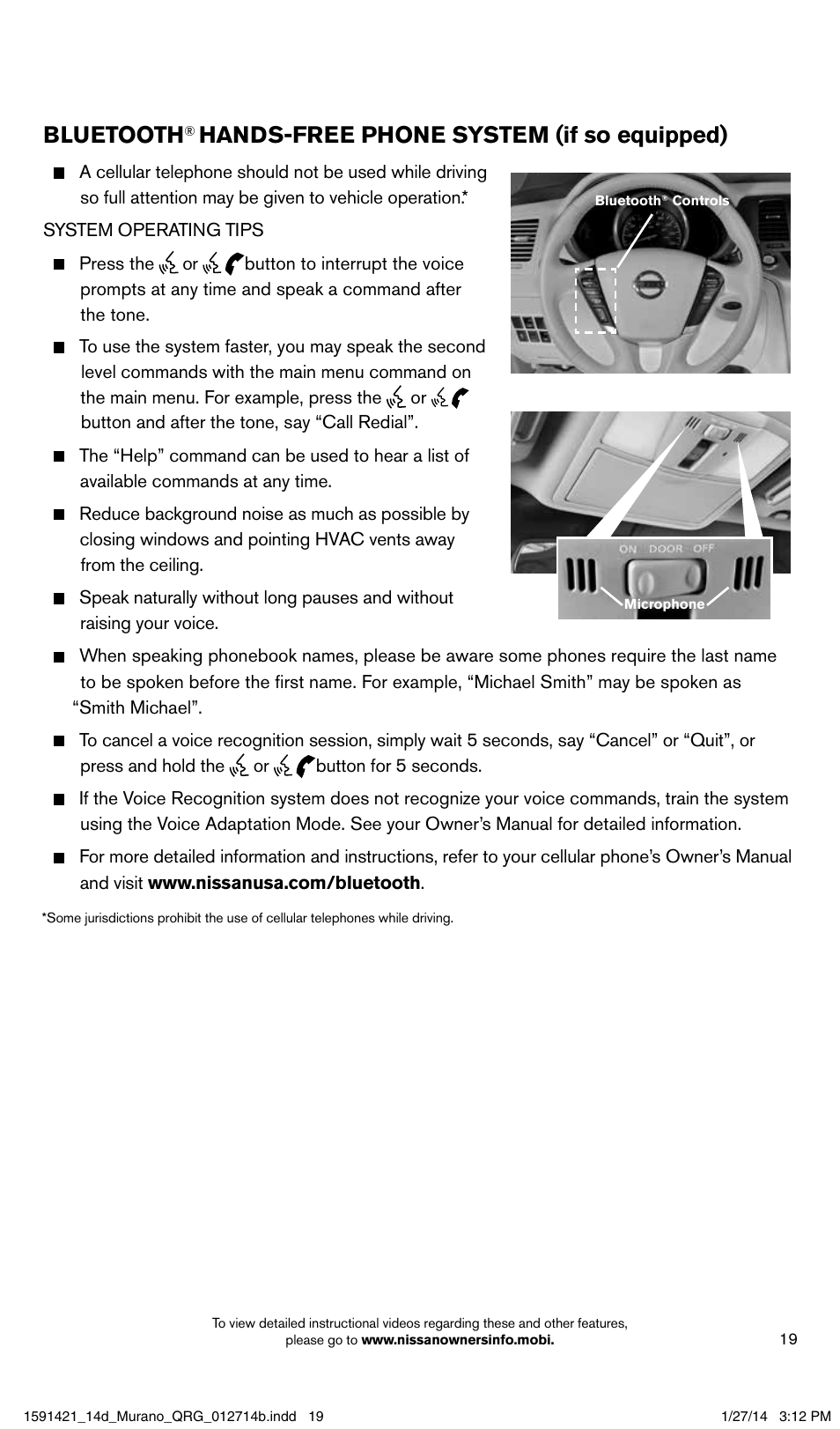 Bluetooth, Hands-free phone system (if so equipped) | NISSAN 2014 Murano - Quick Reference Guide User Manual | Page 21 / 28