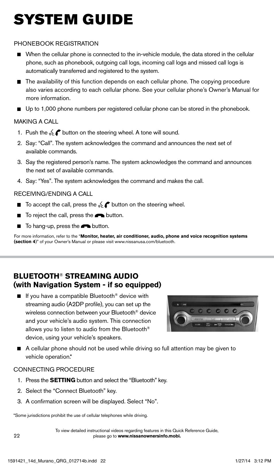 System guide, Bluetooth | NISSAN 2014 Murano - Quick Reference Guide User Manual | Page 24 / 28