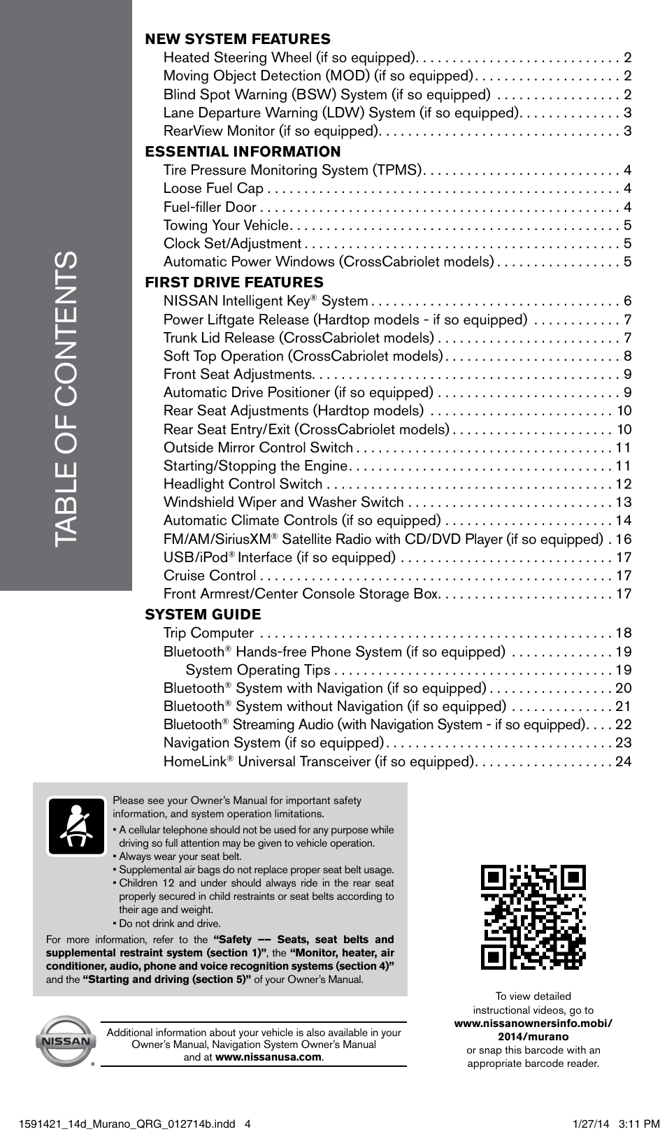 NISSAN 2014 Murano - Quick Reference Guide User Manual | Page 3 / 28