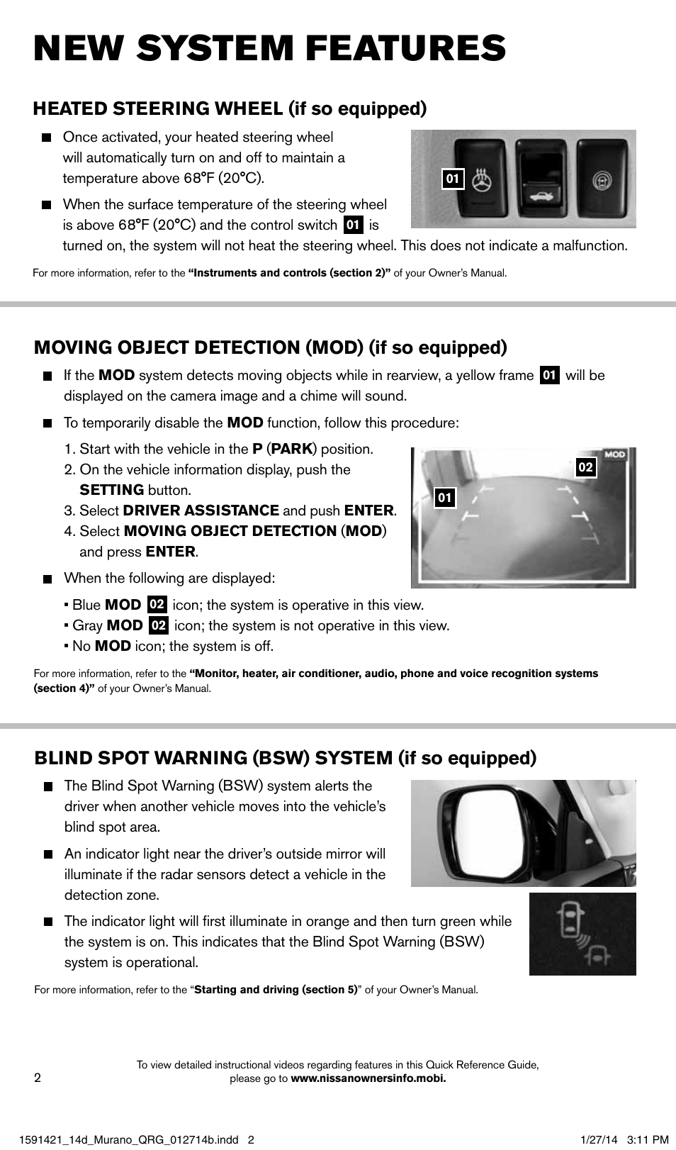 New system features, Heated steering wheel (if so equipped), Moving object detection (mod) (if so equipped) | Blind spot warning (bsw) system (if so equipped) | NISSAN 2014 Murano - Quick Reference Guide User Manual | Page 4 / 28