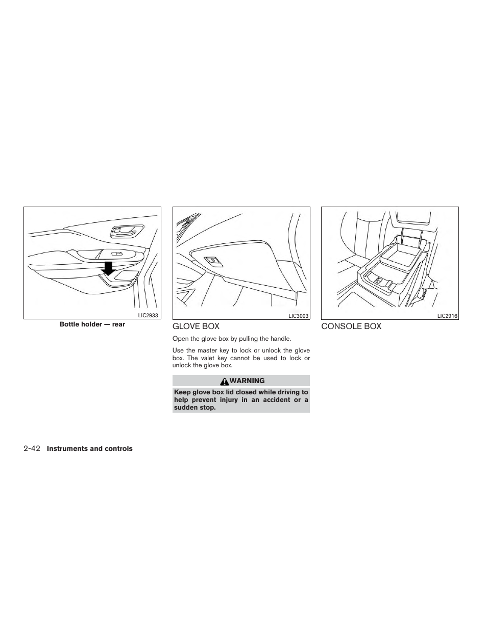 Glove box -42 console box -42 | NISSAN 2015 Murano - Owner's Manual User Manual | Page 129 / 418