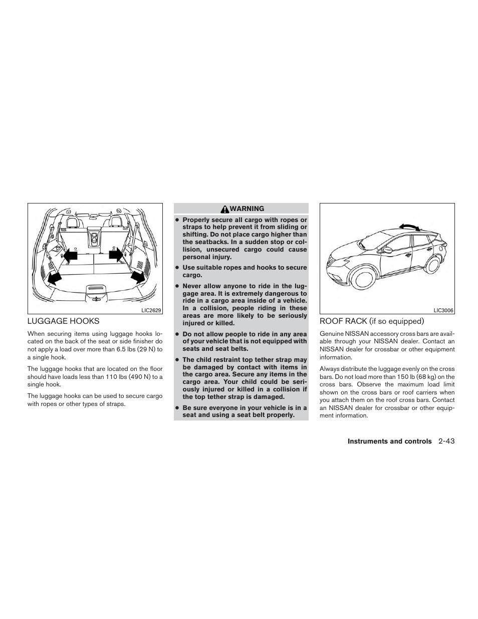 Luggage hooks -43, Roof rack (if so equipped) -43 | NISSAN 2015 Murano - Owner's Manual User Manual | Page 130 / 418