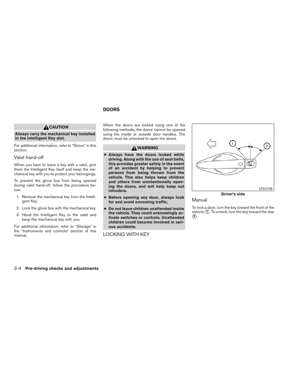 Doors -4, Locking with key -4 | NISSAN 2015 Murano - Owner's Manual User Manual | Page 147 / 418