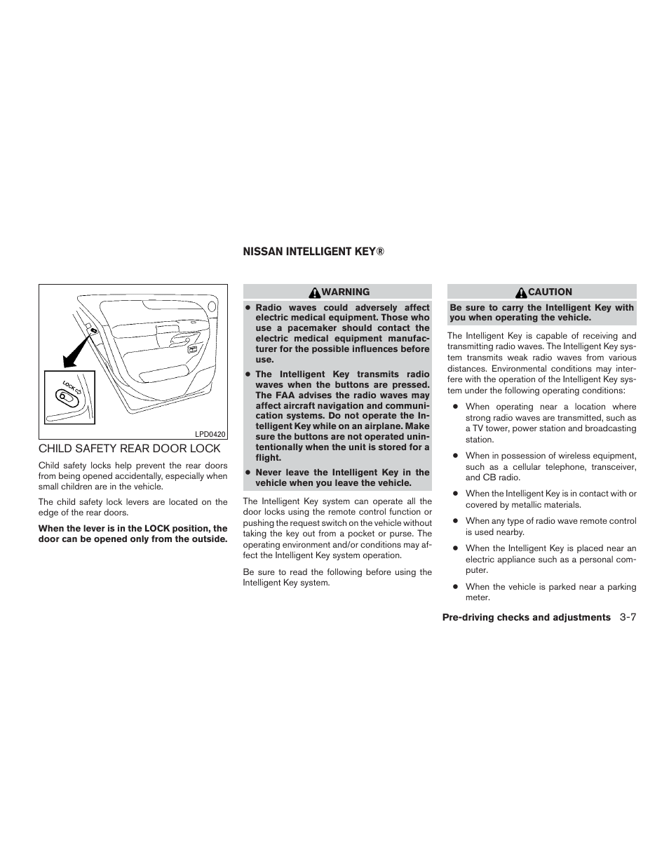 Child safety rear door lock -7, Nissan intelligent key® -7 | NISSAN 2015 Murano - Owner's Manual User Manual | Page 150 / 418