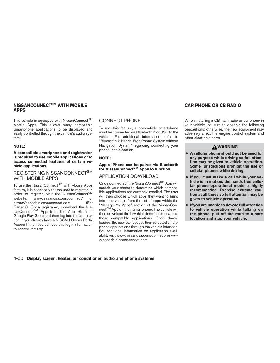 Nissanconnect, With mobile apps -50, Registering nissanconnect | With mobile, Car phone or cb radio -50 | NISSAN 2015 Murano - Owner's Manual User Manual | Page 231 / 418