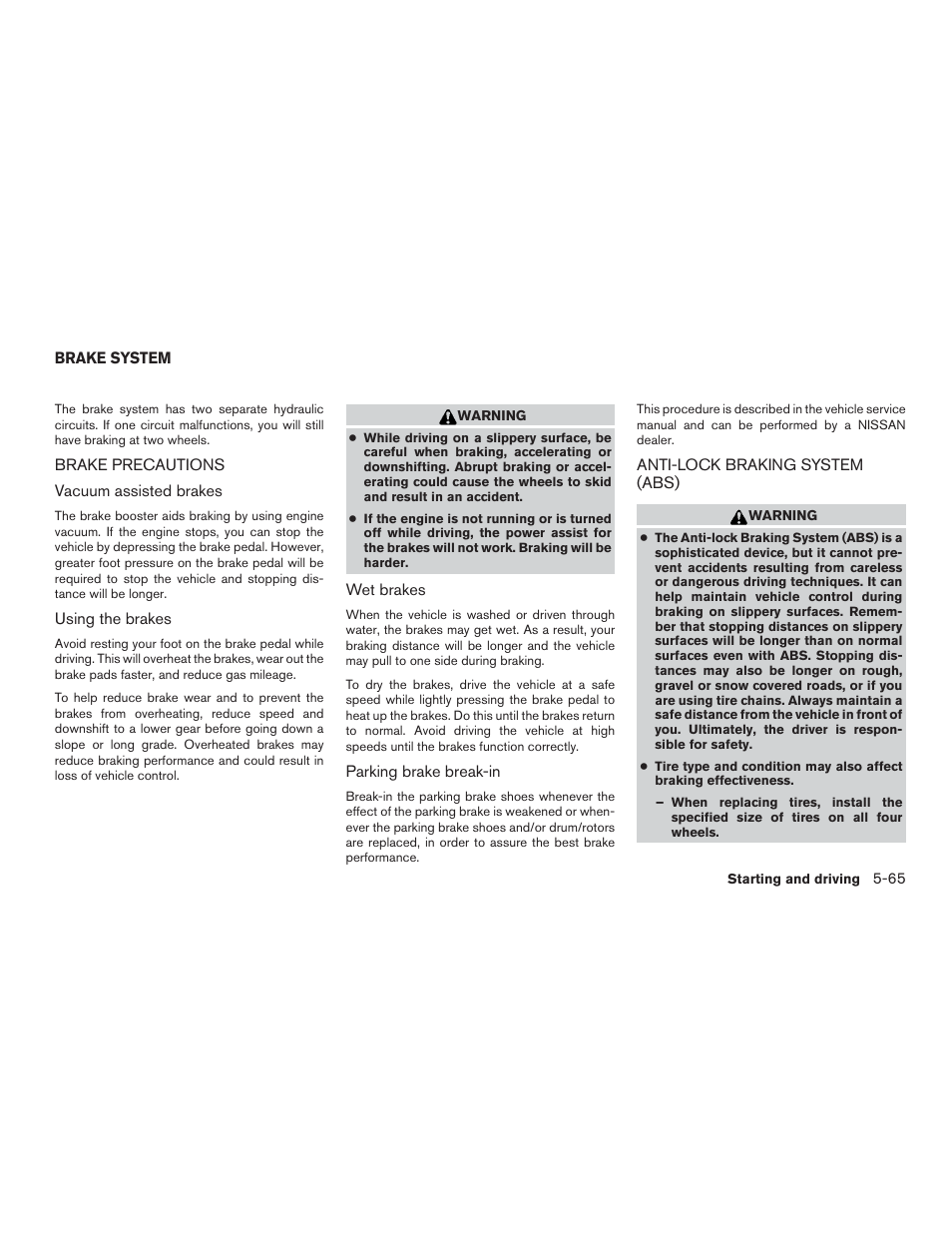 Brake system -65 | NISSAN 2015 Murano - Owner's Manual User Manual | Page 310 / 418