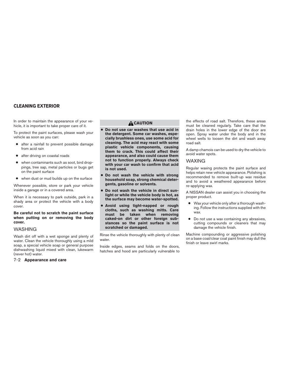 Cleaning exterior -2, Washing -2 waxing -2 | NISSAN 2015 Murano - Owner's Manual User Manual | Page 335 / 418