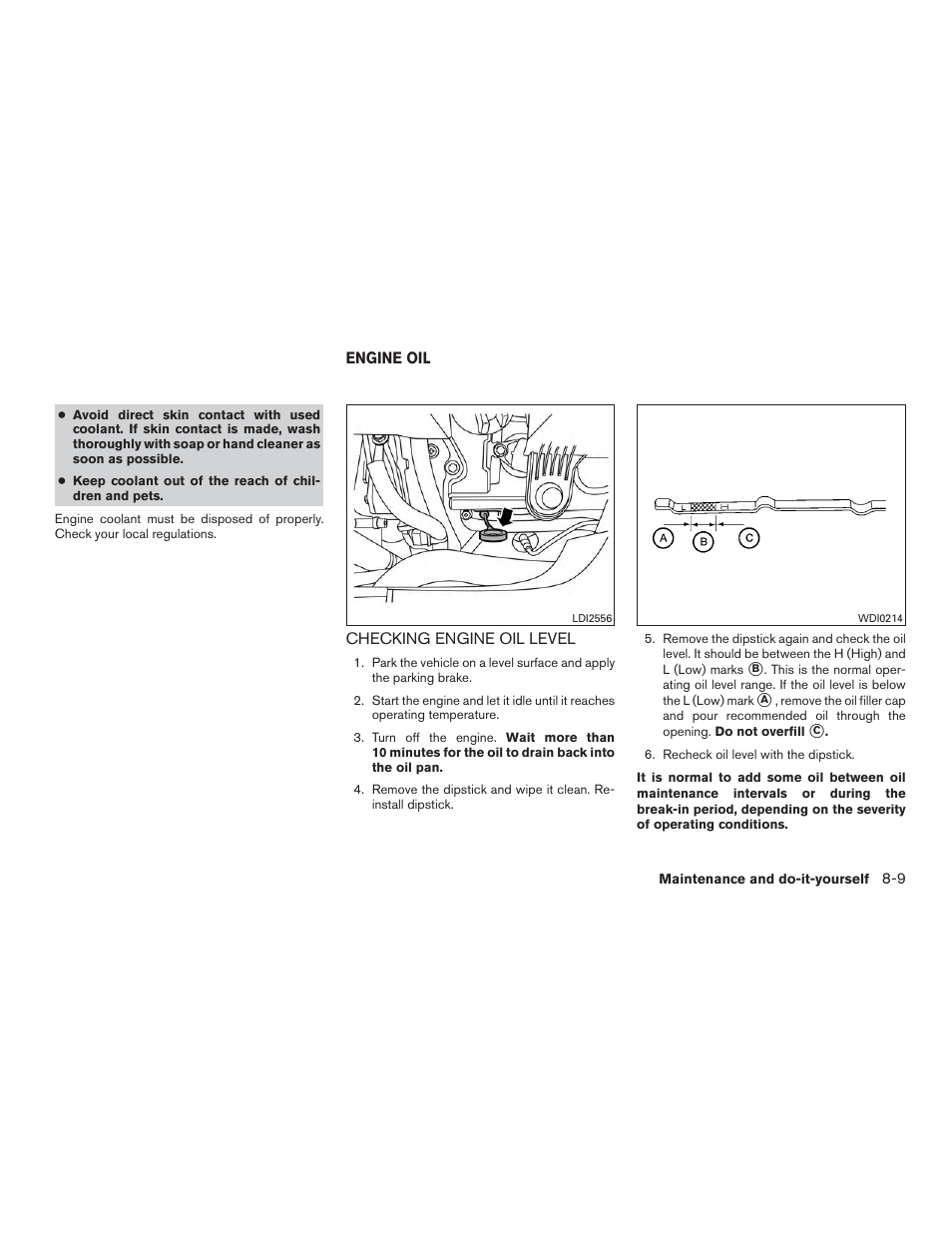 Engine oil -9, Checking engine oil level -9 | NISSAN 2015 Murano - Owner's Manual User Manual | Page 348 / 418