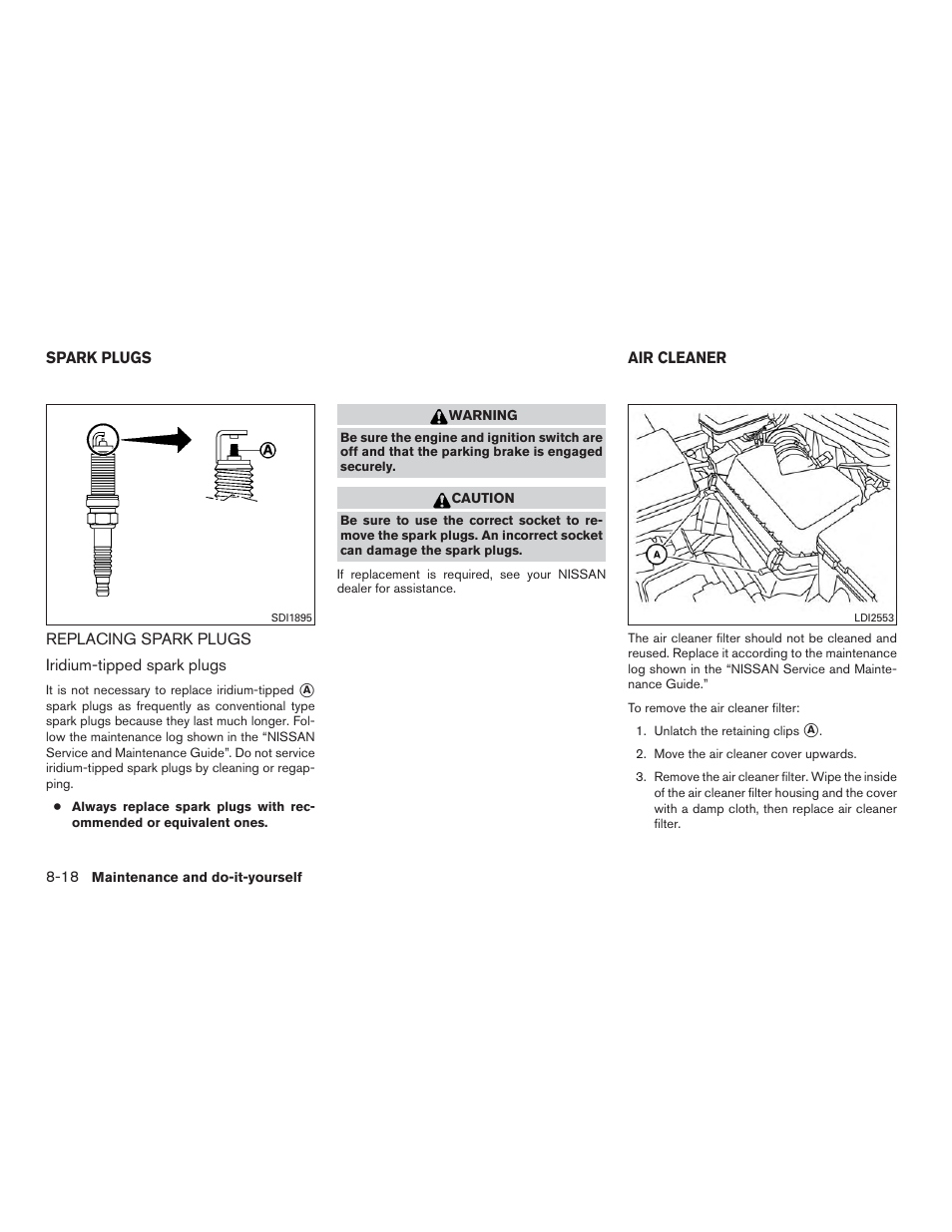 Spark plugs -18, Replacing spark plugs -18, Air cleaner -18 | NISSAN 2015 Murano - Owner's Manual User Manual | Page 357 / 418