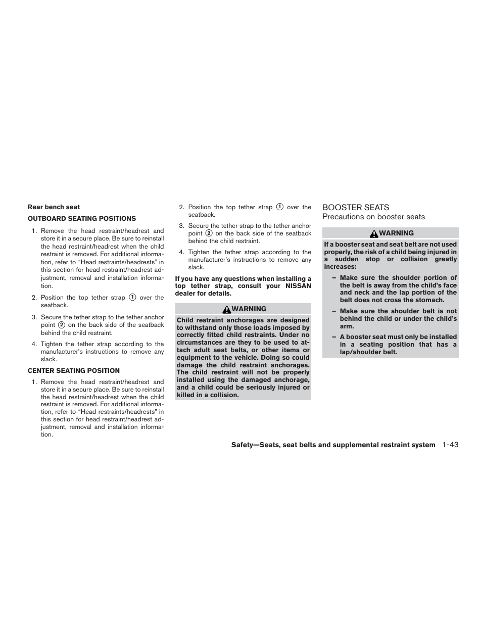 Booster seats -43 | NISSAN 2015 Murano - Owner's Manual User Manual | Page 62 / 418