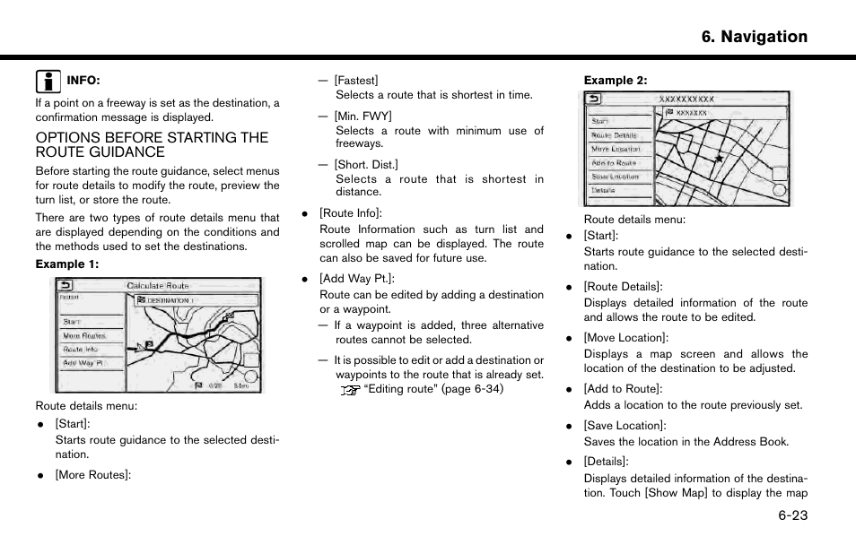 Options before starting the route guidance -23, Navigation | NISSAN 2015 Murano - Navigation System Owner's Manual User Manual | Page 107 / 203