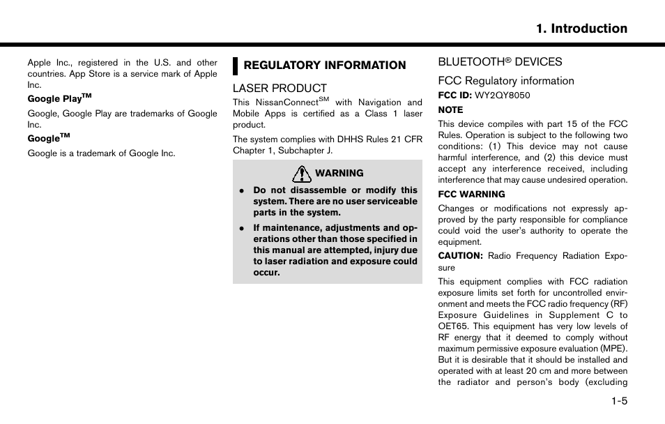 Regulatory information -5, Laser product -5 bluetooth, Devices -5 | Introduction | NISSAN 2015 Murano - Navigation System Owner's Manual User Manual | Page 11 / 203