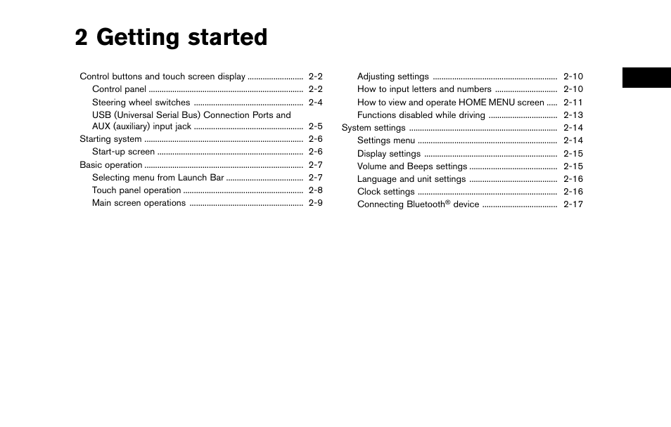 Getting started, 2 getting started | NISSAN 2015 Murano - Navigation System Owner's Manual User Manual | Page 13 / 203