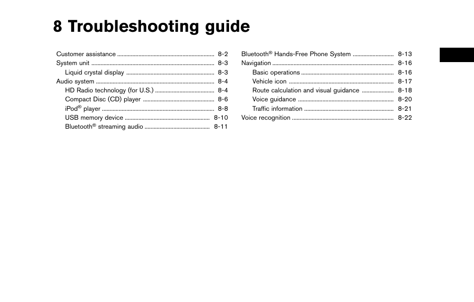 Troubleshooting guide, 8 troubleshooting guide | NISSAN 2015 Murano - Navigation System Owner's Manual User Manual | Page 171 / 203