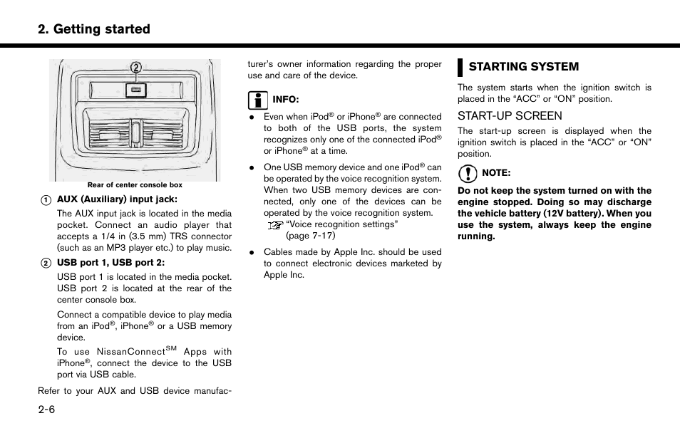 Starting system -6, Start-up screen -6, Getting started | Starting system, Start-up screen | NISSAN 2015 Murano - Navigation System Owner's Manual User Manual | Page 18 / 203